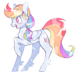 Size: 1059x1008 | Tagged: safe, artist:xenon, rainbow dash, crystal pony, pegasus, pony, g4, alternate hairstyle, blushing, crystallized, female, mare, multicolored hair, open mouth, raised hoof, simple background, smiling, solo, transparent background, unshorn fetlocks