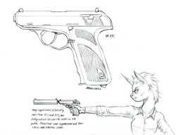Size: 1400x1067 | Tagged: safe, artist:baron engel, zesty gourmand, unicorn, anthro, g4, aiming, clothes, female, grayscale, gun, handgun, heckler and koch, mare, monochrome, pencil drawing, pistol, simple background, sketch, solo, spy, suppressor, traditional art, weapon, white background