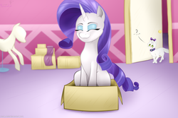 Size: 4500x3000 | Tagged: safe, artist:mercurial64, opalescence, rarity, cat, pony, g4, :3, behaving like a cat, box, carousel boutique, cute, daaaaaaaaaaaw, female, if i fits i sits, mare, pony in a box, raribetes, sitting, smiling