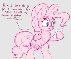 Size: 1200x1000 | Tagged: safe, artist:heir-of-rick, pinkie pie, earth pony, pony, g4, bipedal, chest fluff, colored sketch, dialogue, female, hoof hold, mare, reading, simple background, solo