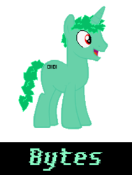 Size: 214x283 | Tagged: safe, artist:creepa-bot inc., derpibooru exclusive, oc, oc only, oc:bytes, pony, unicorn, cutie mark, male, messy hair, messy mane, messy tail, ms paint, open mouth, smiling, stallion, title