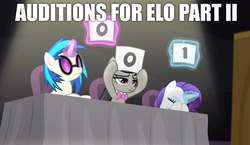 Size: 1486x863 | Tagged: safe, edit, edited screencap, screencap, dj pon-3, octavia melody, rarity, vinyl scratch, bloom & gloom, g4, audition, auditions, electric light orchestra, elo, elo part 2, elo part ii, female, image macro, meme, music, music reference, the orchestra