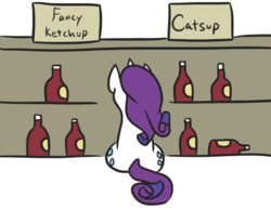 Size: 492x381 | Tagged: safe, artist:jargon scott, rarity, pony, unicorn, g4, both cutie marks, catsup, female, food, indecision, ketchup, loss (meme), male, mare, rarity looking at food, rear view, sauce, simple background, simpsons did it, sitting, solo, the simpsons, white background