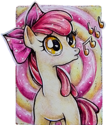 Size: 381x443 | Tagged: safe, artist:littleponyprincess, apple bloom, earth pony, pony, g4, bow, colored pencil drawing, female, filly, hair bow, music notes, solo, traditional art, watercolor painting, whistling