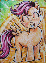 Size: 385x529 | Tagged: safe, artist:littleponyprincess, scootaloo, pegasus, pony, g4, butt wings, colored pencil drawing, eyes closed, female, filly, food, orange, smiling, solo, traditional art