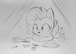 Size: 1499x1069 | Tagged: safe, artist:tjpones, rarity, fly, pony, unicorn, g4, catsup, cute, ear fluff, existential crisis, female, food, french fries, grayscale, ketchup, lineart, monochrome, raribetes, sauce, sketch, solo, traditional art