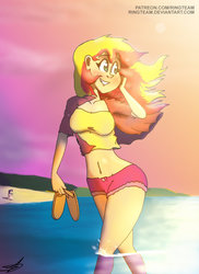 Size: 1024x1408 | Tagged: safe, artist:ringteam, sunset shimmer, twilight sparkle, equestria girls, g4, belly button, midriff, sandals, water, wet