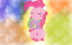 Size: 1280x800 | Tagged: safe, artist:steadfast hoof, pinkie pie, spike, dragon, g4, female, hug, male, ship:pinkiespike, shipping, sleeping, spikelove, straight