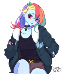 Size: 666x752 | Tagged: safe, artist:dusty-munji, rainbow dash, equestria girls, g4, alternate hairstyle, choker, clothes, female, hand in pocket, jacket, looking at you, multicolored hair, shorts, simple background, slit pupils, solo, white background