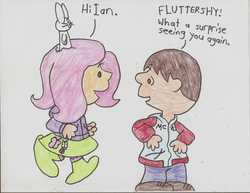 Size: 3308x2550 | Tagged: safe, angel bunny, fluttershy, oc, oc:ian, human, g4, boots, charles m schulz, charlie brown, clothes, high res, hoodie, ianshy, jacket, peanuts, shoes, sketch, skirt, style emulation, traditional art