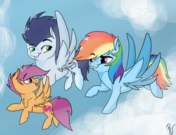 Size: 1280x981 | Tagged: safe, artist:poowndraww, rainbow dash, scootaloo, soarin', pony, g4, female, male, scootaloo can fly, scootalove, ship:soarindash, shipping, straight