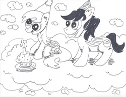 Size: 8746x6800 | Tagged: safe, derpy hooves, oc, oc:silver lining, pegasus, pony, g4, absurd resolution, birthday, cute, derpabetes, food, monochrome, muffin, traditional art