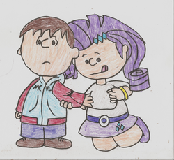 Size: 2258x2069 | Tagged: safe, rarity, oc, oc:ian, human, g4, belt, charles m schulz, charlie brown, clothes, high res, hoodie, humanized, peanuts, sewing, shoes, sketch, style emulation, torn clothes