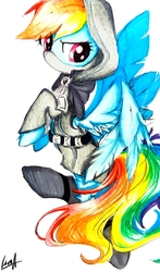 Size: 1838x3125 | Tagged: safe, artist:liaaqila, rainbow dash, pegasus, pony, dungeons and discords, g4, clothes, female, mare, rogue, signature, solo, traditional art