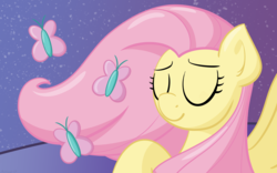 Size: 2560x1600 | Tagged: safe, artist:ashtoneer, fluttershy, butterfly, pony, g4, 4everfreebrony, bust, eyes closed, female, portrait, smiling, solo