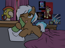Size: 1586x1173 | Tagged: safe, artist:neuro, fluttershy, trixie, oc, oc:anon, oc:ember skyes, oc:frosty hooves, g4, alarm clock, bed, clock, disembodied hand, guard, hand, poster, wonderbolts poster