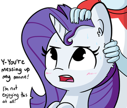Size: 1950x1650 | Tagged: safe, artist:tjpones, rainbow dash, rarity, pony, equestria girls, g4, behaving like a cat, blushing, cheek fluff, clothes, cute, denial, dialogue, ear fluff, embarrassed, female, fluffy, frown, glare, head scratch, looking up, offscreen character, open mouth, petting, raribetes, raricat, simple background, suspiciously specific denial, sweat, tsundere, tsunderity, white background