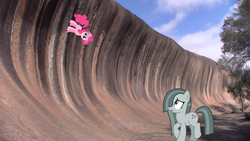 Size: 1918x1080 | Tagged: safe, artist:didgereethebrony, marble pie, pinkie pie, g4, australia, in which pinkie pie forgets how to gravity, irl, photo, pinkie being pinkie, pinkie physics, ponies in real life, rock, wave, wave rock