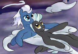 Size: 1565x1080 | Tagged: safe, artist:welkin-draws, night glider, thunderlane, pegasus, pony, g4, cloud, female, grin, hanging out, hooves, lying on a cloud, male, mare, on a cloud, smiling, stallion, wings