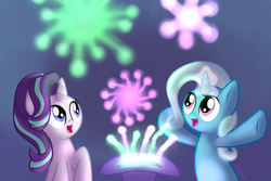Size: 1024x683 | Tagged: safe, artist:vcm1824, starlight glimmer, trixie, pony, unicorn, g4, clothes, duo, female, fireworks, glowing horn, hat, horn, mare, trixie's hat