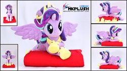 Size: 1024x576 | Tagged: safe, artist:nekokevin, starlight glimmer, alicorn, pony, unicorn, alicornified, crown, cushion, female, irl, jewelry, life size, looking at you, lying down, mare, photo, plushie, princess starlight glimmer, race swap, regalia, sitting, smiling, solo, starlicorn, xk-class end-of-the-world scenario