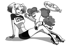 Size: 1610x1119 | Tagged: safe, artist:juliedraw2046, pinkie pie, earth pony, pony, g4, belly button, clothes, converse, crossover, female, fingerless gloves, gloves, grayscale, harley quinn, looking at you, mare, midriff, monochrome, one eye closed, open mouth, pinkie puffs, raised hoof, shoes, smiling