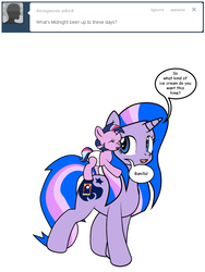 Size: 600x800 | Tagged: safe, artist:dekomaru, oc, oc only, oc:aurora, oc:midnight, pony, unicorn, tumblr:ask twixie, ask, baby, baby pony, female, magical lesbian spawn, mare, offspring, parent:trixie, parent:twilight sparkle, parents:twixie, ponies riding ponies, riding, tumblr