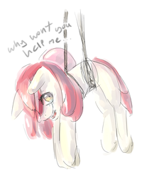 Size: 639x800 | Tagged: safe, artist:ferrettea, apple bloom, earth pony, pony, g4, crying, female, filly, hanging, sad, simple background, solo, stuck, suspended, white background