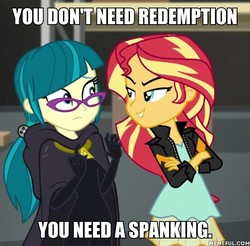 Size: 600x590 | Tagged: safe, edit, edited screencap, screencap, juniper montage, sunset shimmer, equestria girls, equestria girls specials, g4, movie magic, caption, clothes, crossed arms, female, glasses, image macro, imminent spanking, implied spanking, makeameme.org, meme, out of character, text