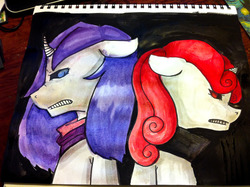 Size: 1280x956 | Tagged: safe, artist:ferrettea, rarity, sweetie belle, g4, angry, painting, sadistic rarity, sadistic sweetie belle, traditional art