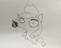 Size: 1521x1192 | Tagged: safe, artist:tjpones, applejack, earth pony, pony, g4, apple, black and white, cowboy hat, doodle, female, food, grayscale, hat, lineart, mare, monochrome, mouth hold, simple background, solo, traditional art, white background