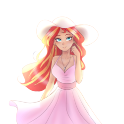 Size: 1563x1563 | Tagged: safe, artist:mrscurlystyles, sunset shimmer, human, g4, beautiful, breasts, cleavage, clothes, dress, ear piercing, earring, featured image, female, hat, humanized, jewelry, looking at you, piercing, praise the sunset, sexy, simple background, smiling, solo, sun hat, sundress, white background
