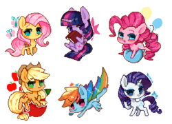 Size: 323x232 | Tagged: safe, artist:snow angel, applejack, fluttershy, pinkie pie, rainbow dash, rarity, twilight sparkle, butterfly, g4, apple, balloon, book, flying, food, happy, looking at you, mane six, pixelated, simple background, transparent background