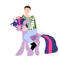 Size: 1100x1100 | Tagged: safe, twilight sparkle, oc, alicorn, human, pony, g4, crossover, female, happy, human male, humans riding ponies, male, mare, riding, shipping, tongue out, twilight sparkle is not amused, unamused, wings