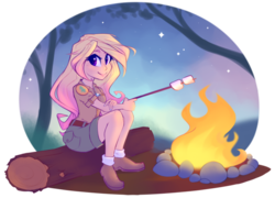 Size: 600x432 | Tagged: safe, artist:meekcheep, oc, oc only, oc:starstruck, human, equestria girls, g4, campfire, clothes, convention, equestria girls-ified, equestria la, female, food, humanized, humanized oc, looking at you, marshmallow, mascot, scout uniform, shoes, shorts, socks, solo