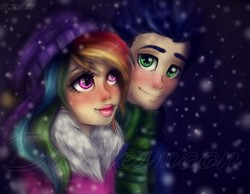 Size: 873x678 | Tagged: safe, artist:dagnesmoon, rainbow dash, soarin', human, g4, blushing, clothes, female, humanized, male, multicolored hair, ship:soarindash, shipping, smiling, snow, snowfall, straight