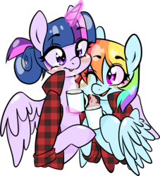 Size: 2166x2383 | Tagged: safe, artist:spuuki, rainbow dash, twilight sparkle, alicorn, pony, g4, alternate hairstyle, blush sticker, blushing, chocolate, clothes, cute, duo, female, flannel, food, glowing horn, high res, horn, hot chocolate, lesbian, magic, one eye closed, open mouth, ship:twidash, shipping, simple background, smiling, telekinesis, tongue out, twilight sparkle (alicorn), unmoving plaid, white background