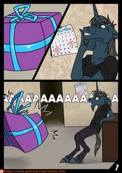 Size: 905x1280 | Tagged: safe, artist:sunny way, oc, oc only, oc:steven saidon, unicorn, anthro, comic:the gift comic, rcf community, box, calendar, comic, present, screaming