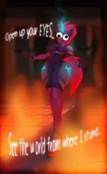 Size: 1185x1920 | Tagged: safe, artist:lil miss jay, edit, tempest shadow, anthro, unguligrade anthro, g4, my little pony: the movie, breasts, broken horn, busty tempest shadow, clothes, curvy, dialogue, female, fire, gloves, glowing horn, googly eyes, horn, hourglass figure, meme, open up your *very* eyes, open up your eyes, overkill, scene interpretation, solo, special eyes, stupid sexy tempest shadow, thick, wide hips