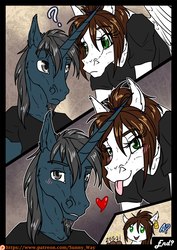 Size: 905x1280 | Tagged: safe, artist:sunny way, oc, oc only, oc:steven saidon, oc:sunny way, pegasus, unicorn, anthro, comic:the gift comic, rcf community, birthday cake, blushing, cake, clone, comic, cute, feather, food, tongue out, wings
