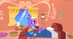 Size: 686x372 | Tagged: safe, oc, oc only, oc:wonder sparkle, pony, legends of equestria, 3d, bed, golden oaks library, sitting, solo, tried