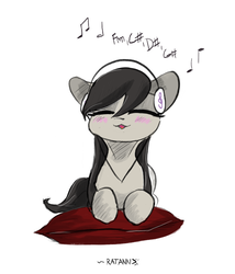 Size: 2026x2362 | Tagged: safe, artist:ratann, octavia melody, earth pony, pony, g4, :3, blushing, cute, eyes closed, female, headphones, high res, mare, music notes, open mouth, pillow, prone, simple background, smiling, solo, tavibetes, white background