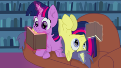 Size: 3840x2160 | Tagged: safe, artist:vogon42, comet tail, twilight sparkle, g4, book, couch, crack shipping, female, high res, male, on back, reading, ship:cometlight, shipping, straight