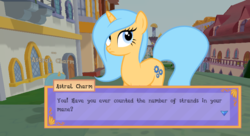 Size: 780x424 | Tagged: safe, oc, oc only, oc:astral charm, pony, unicorn, legends of equestria, 3d, astral charm, rude, solo