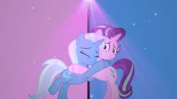 Size: 1920x1080 | Tagged: safe, artist:moxistables, starlight glimmer, trixie, g4, female, flawless, hug, wallpaper