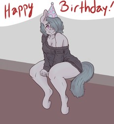 Size: 1182x1280 | Tagged: safe, artist:geier, marble pie, earth pony, anthro, unguligrade anthro, g4, breasts, cleavage, clothes, female, hair over one eye, happy birthday, hat, party hat, simple background, sitting, smiling, solo, sweater