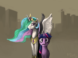 Size: 1469x1102 | Tagged: safe, artist:bigrigs, princess celestia, twilight sparkle, alicorn, pony, unicorn, g4, city, cityscape