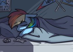 Size: 3500x2500 | Tagged: safe, artist:lrusu, rainbow dash, pony, g4, bed, bedroom, bedsheets, eyes closed, female, floppy ears, high res, mare, multicolored hair, pillow, poster, sheet, sleeping, solo