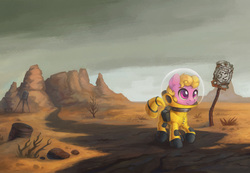 Size: 1200x830 | Tagged: safe, artist:asimos, oc, oc only, oc:puppysmiles, earth pony, pony, fallout equestria, fallout equestria: pink eyes, barrel, fanfic, fanfic art, female, filly, foal, hazmat suit, hooves, pink eyes, radiation suit, road, road sign, route 52, scenery, sign, smiling, solo, wasteland, water tower
