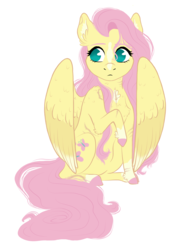 Size: 1000x1414 | Tagged: safe, artist:softbuttdoodles, fluttershy, pegasus, pony, g4, chest fluff, colored hooves, female, looking away, looking sideways, no pupils, raised hoof, scar, simple background, sitting, solo, white background, wings